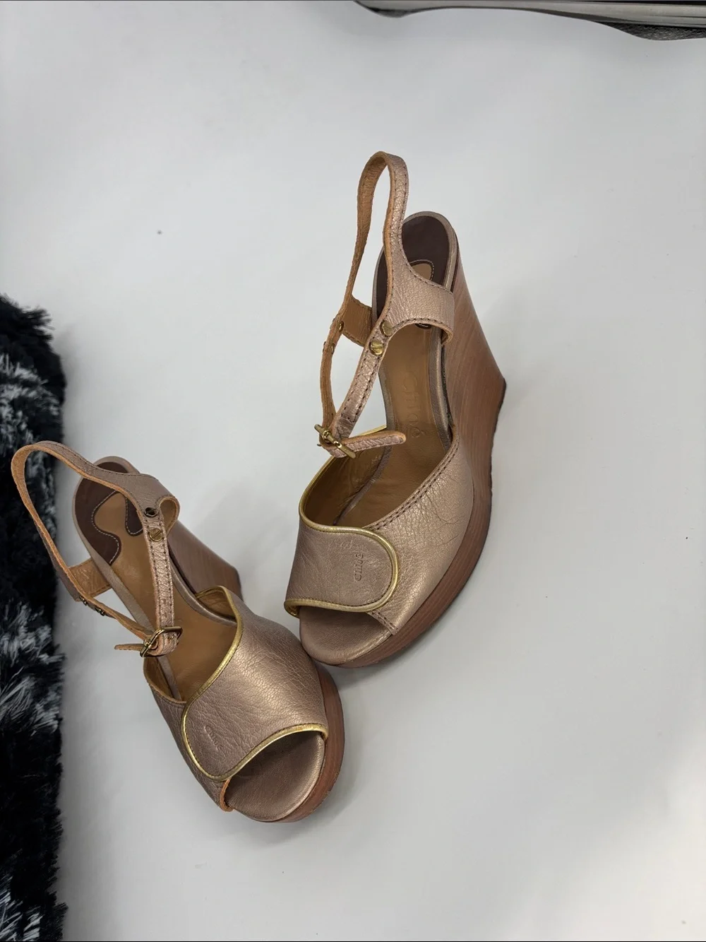 Chloe leather Metallic Peep Toe Ankle Strap Wooden Wedge rare sandal shoes 36